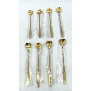8 Pc Set of Heart & Flower Shaped Gold Plated 7" Coffee Tea Stirring Spoons